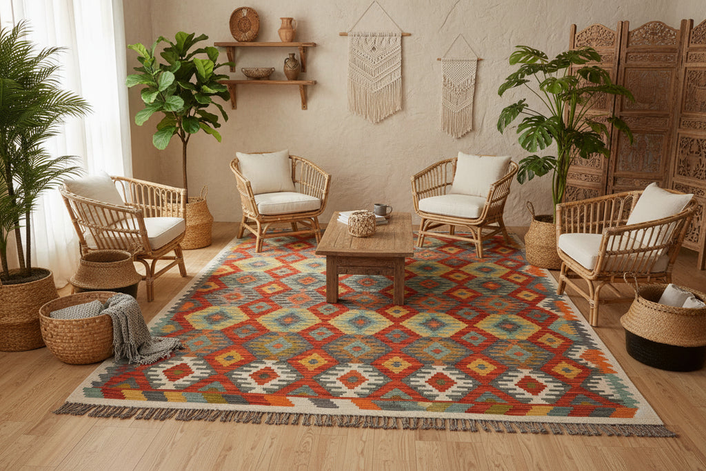Handmade Afghan Kilim Rug – 201x295 cm | Multicolor Tribal Wool Carpet with Geometric Diamond Motifs