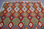 Handmade Afghan Kilim Rug – 201x295 cm | Multicolor Tribal Wool Carpet with Geometric Diamond Motifs