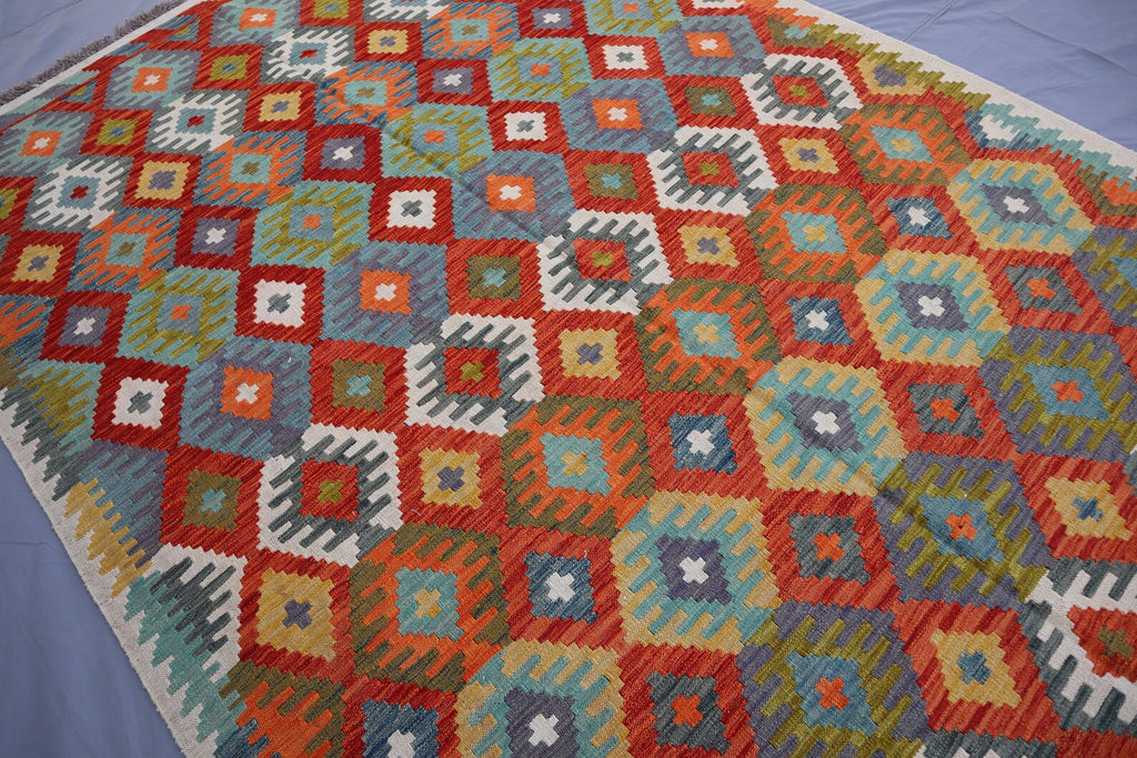 Handmade Afghan Kilim Rug – 201x295 cm | Multicolor Tribal Wool Carpet with Geometric Diamond Motifs