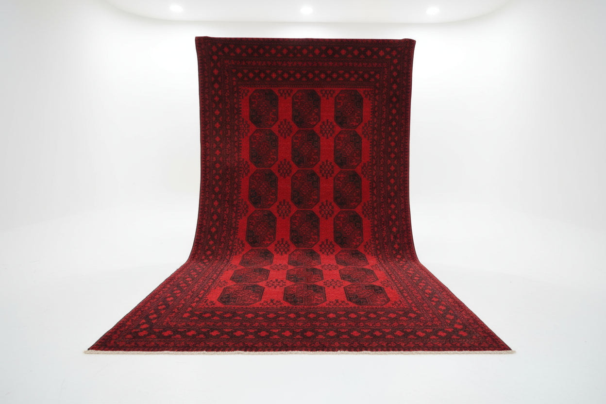 Vintage Turkoman Afghan Rug – 210x283 cm | Bold Red Wool Tribal Carpet