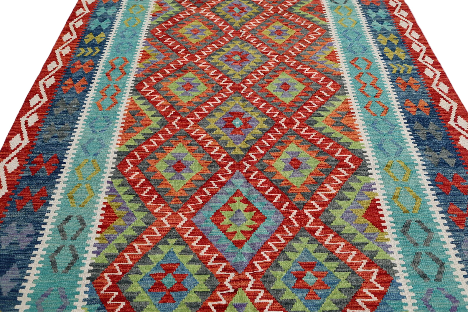 Afghan Kilim Rug 204 × 310 cm – Handwoven Wool Flat Weave | Red, Blue & Green Tribal Geometric | 6.7 × 10.2 ft