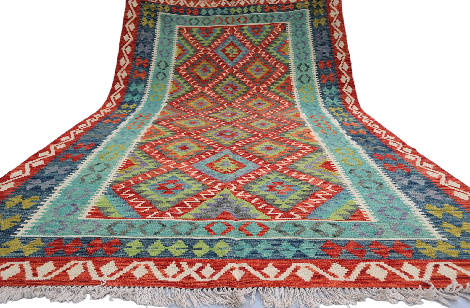 Afghan Kilim Rug 204 × 310 cm – Handwoven Wool Flat Weave | Red, Blue & Green Tribal Geometric | 6.7 × 10.2 ft