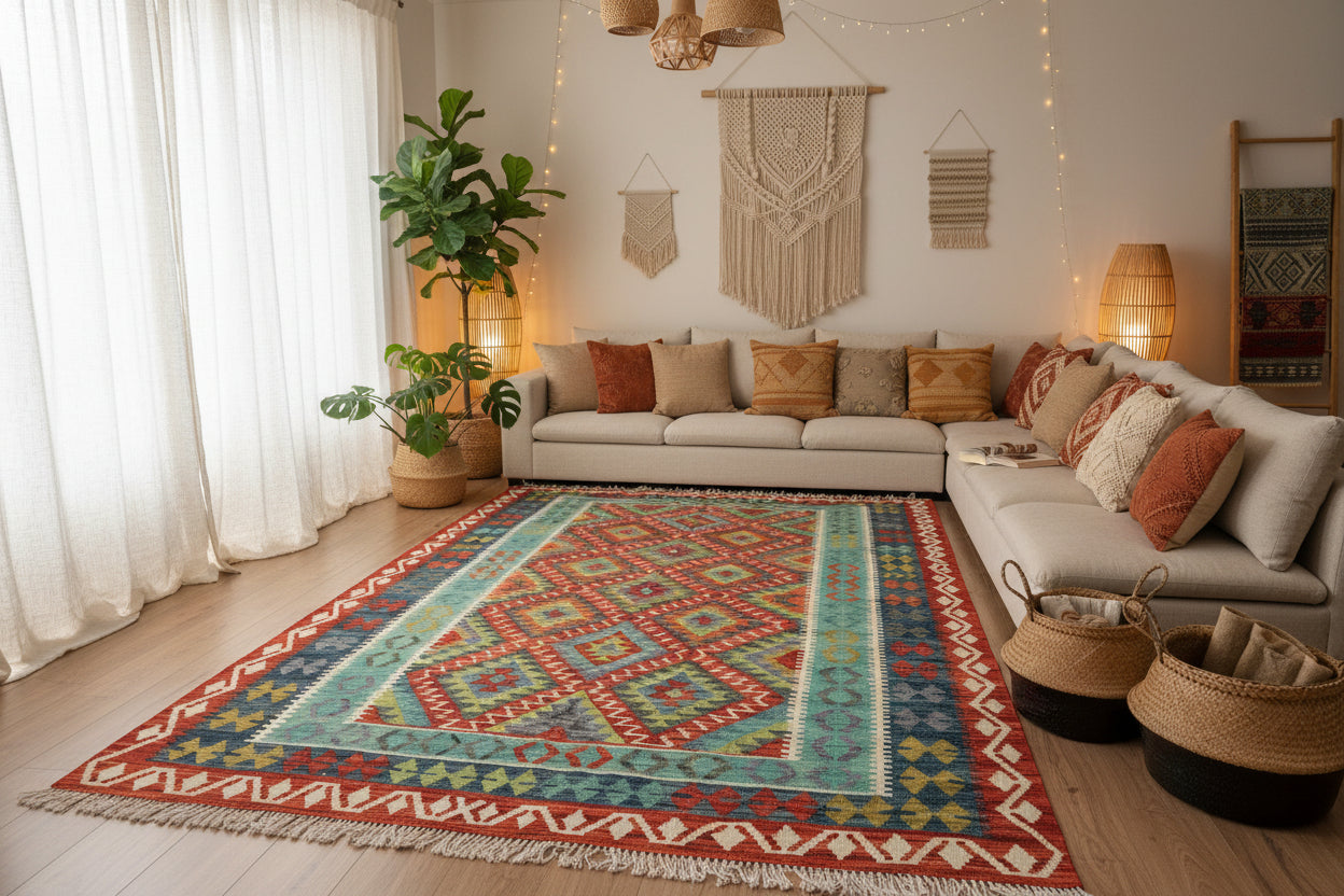 Afghan Kilim Rug 204 × 310 cm – Handwoven Wool Flat Weave | Red, Blue & Green Tribal Geometric | 6.7 × 10.2 ft