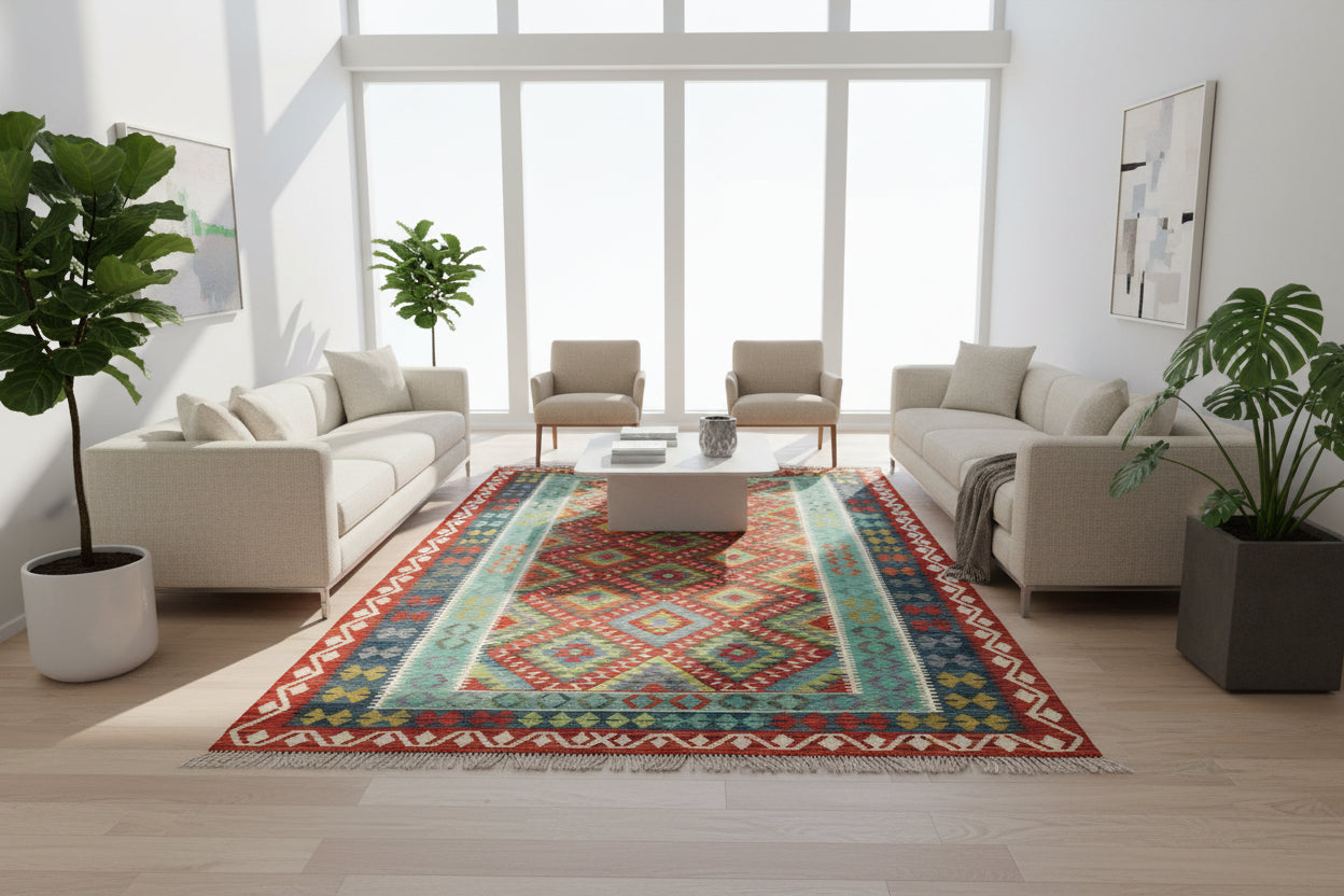 Afghan Kilim Rug 204 × 310 cm – Handwoven Wool Flat Weave | Red, Blue & Green Tribal Geometric | 6.7 × 10.2 ft