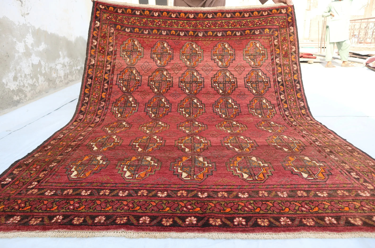 Red Afghan Mori Bokhara Rug 4.6 × 5.8 ft (140 × 177 cm) – Small Wool Area Rug | Handmade Oriental Carpet