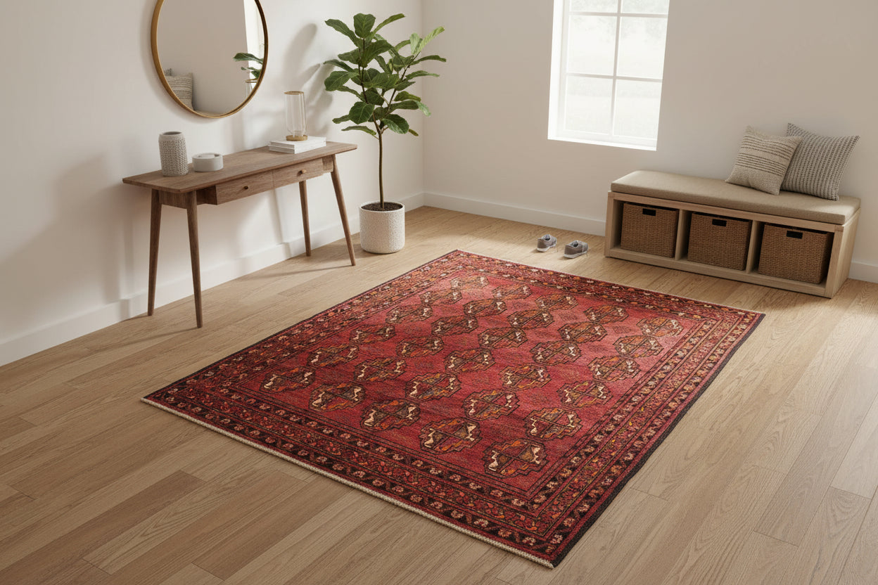 Red Afghan Mori Bokhara Rug 4.6 × 5.8 ft (140 × 177 cm) – Small Wool Area Rug | Handmade Oriental Carpet