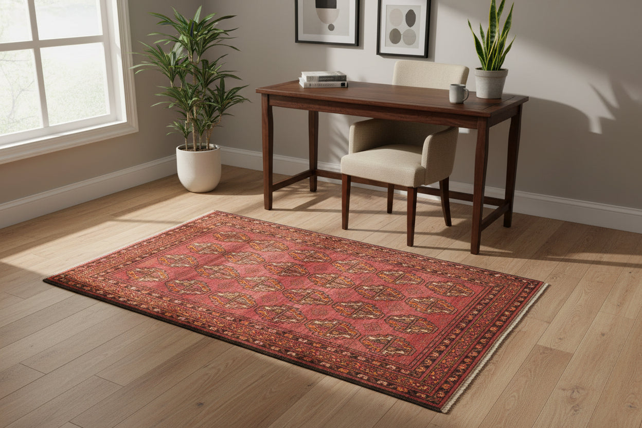 Red Afghan Mori Bokhara Rug 4.6 × 5.8 ft (140 × 177 cm) – Small Wool Area Rug | Handmade Oriental Carpet