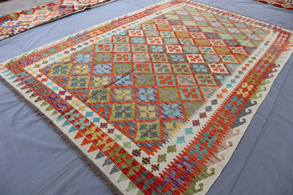Handmade Afghan Kilim Rug – 204x277 cm | Multicolor Tribal Wool Carpet