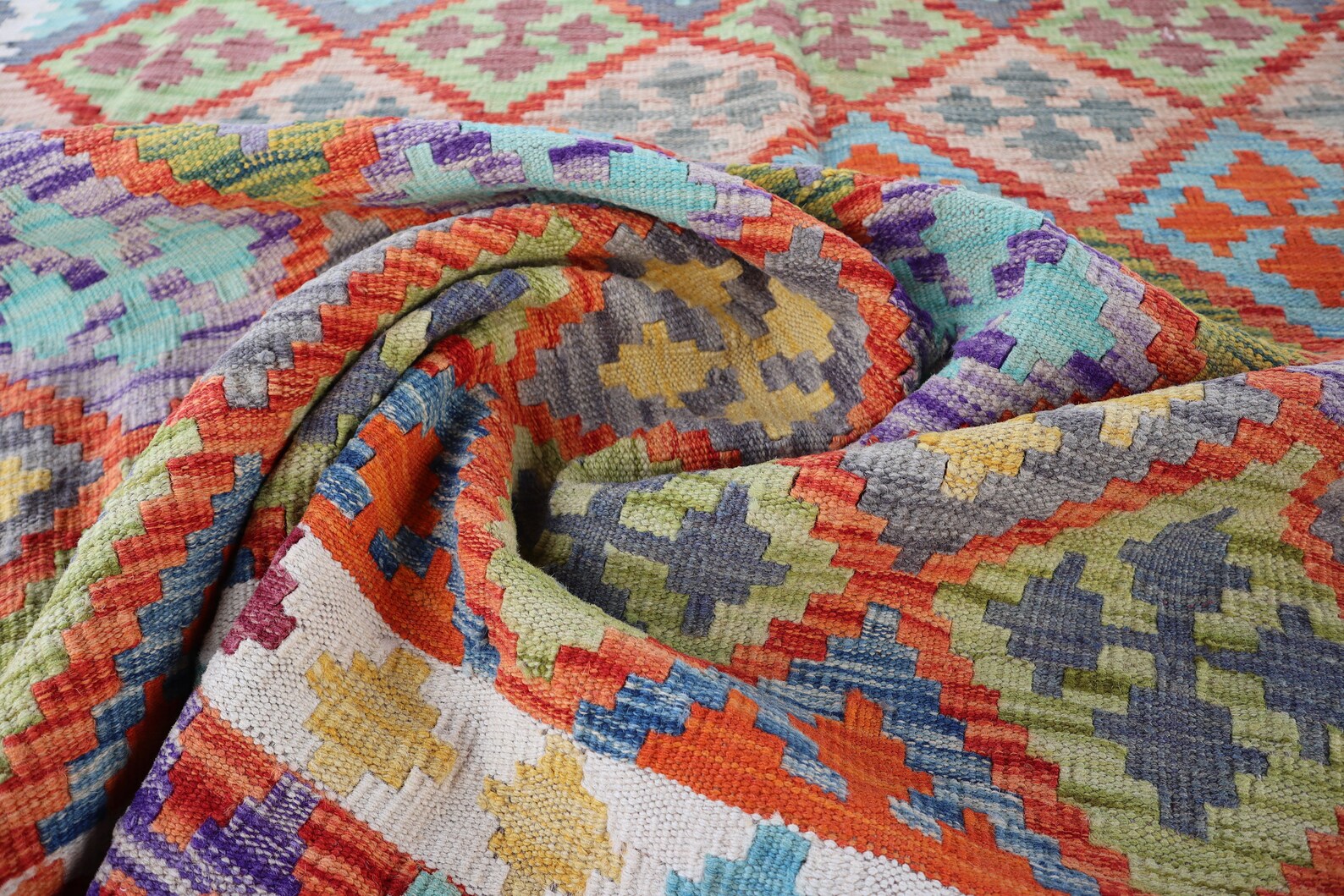 Handmade Afghan Kilim Rug – 204x277 cm | Multicolor Tribal Wool Carpet