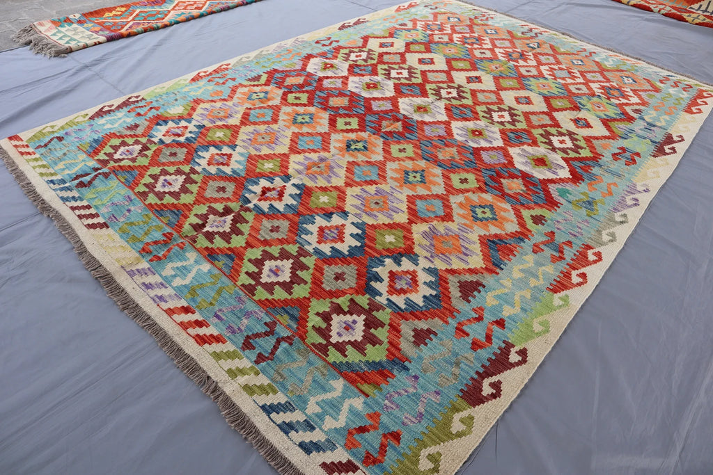 Handmade Afghan Kilim Rug – 210x311 cm | Multicolor Tribal Wool Carpet