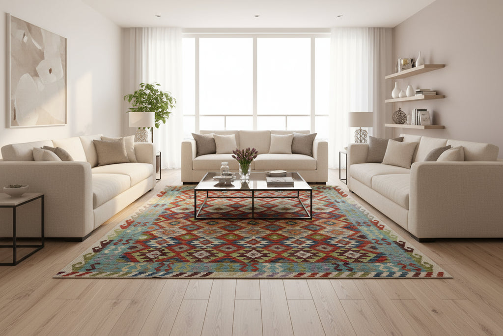 Handmade Afghan Kilim Rug – 210x311 cm | Multicolor Tribal Wool Carpet