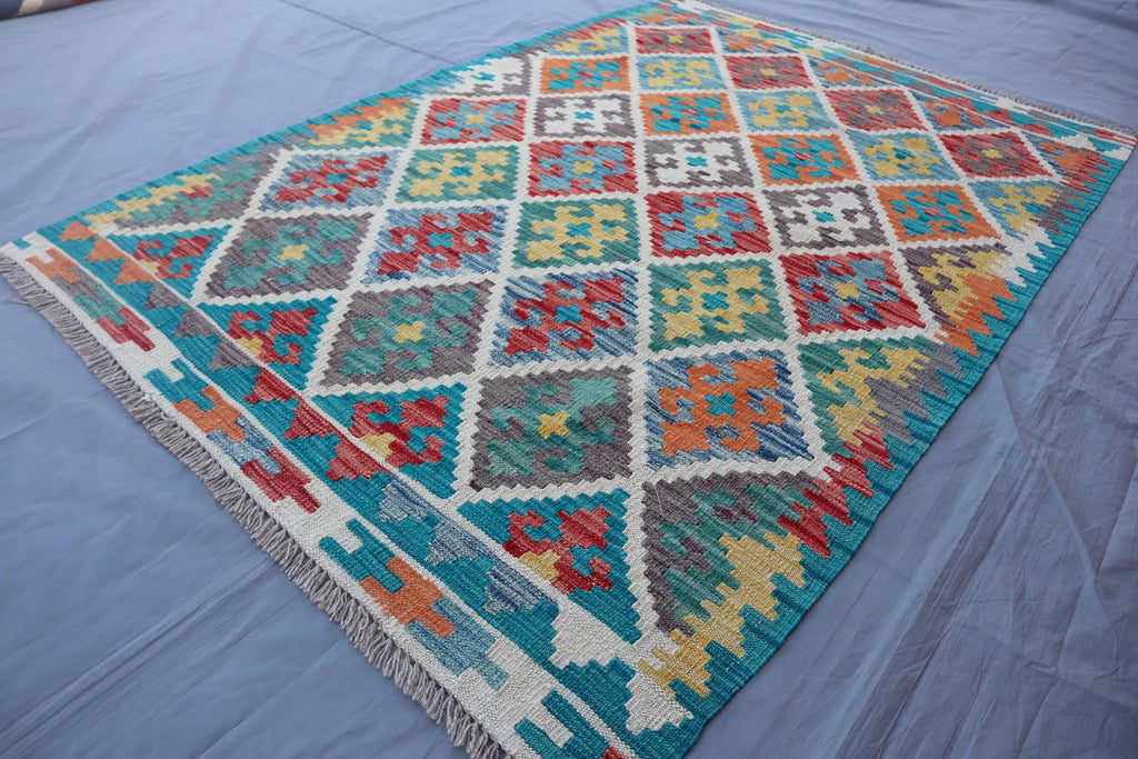 Handmade Afghan Kilim Rug – 128x183 cm | Turquoise & Multicolor Tribal Wool Carpet