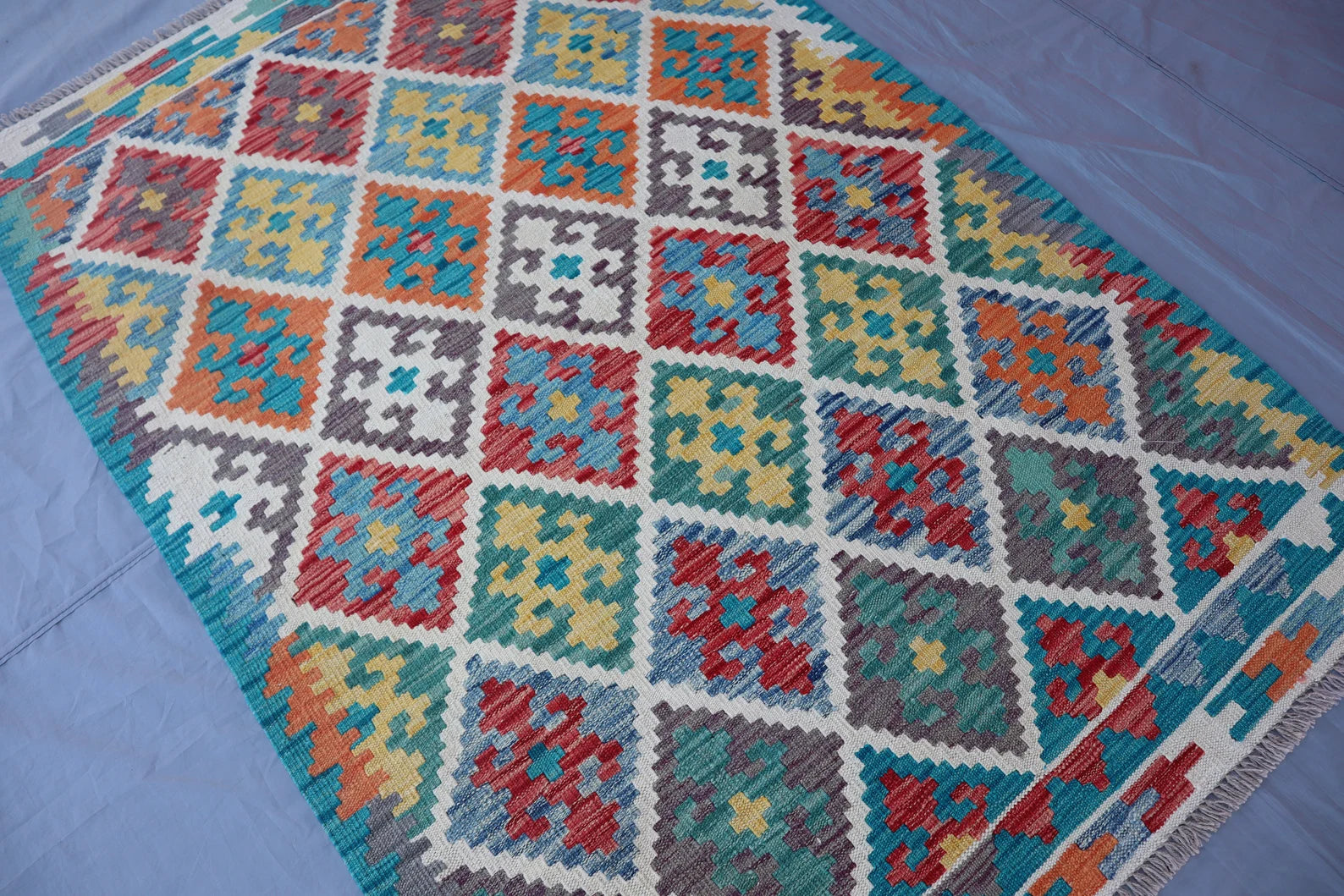 Handmade Afghan Kilim Rug – 128x183 cm | Turquoise & Multicolor Tribal Wool Carpet