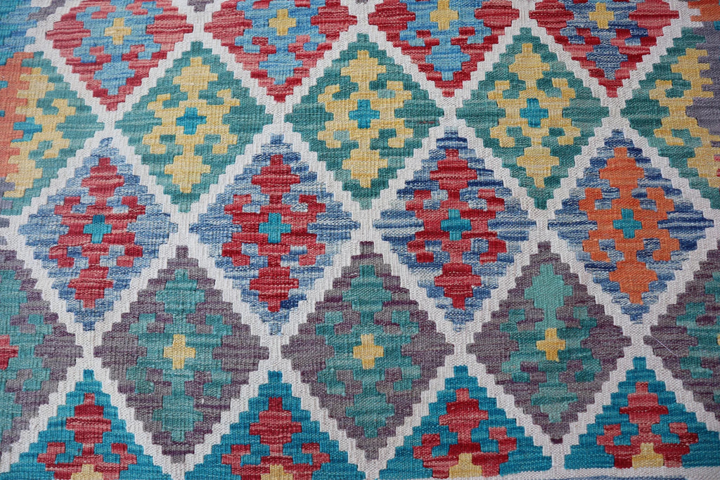 Handmade Afghan Kilim Rug – 128x183 cm | Turquoise & Multicolor Tribal Wool Carpet