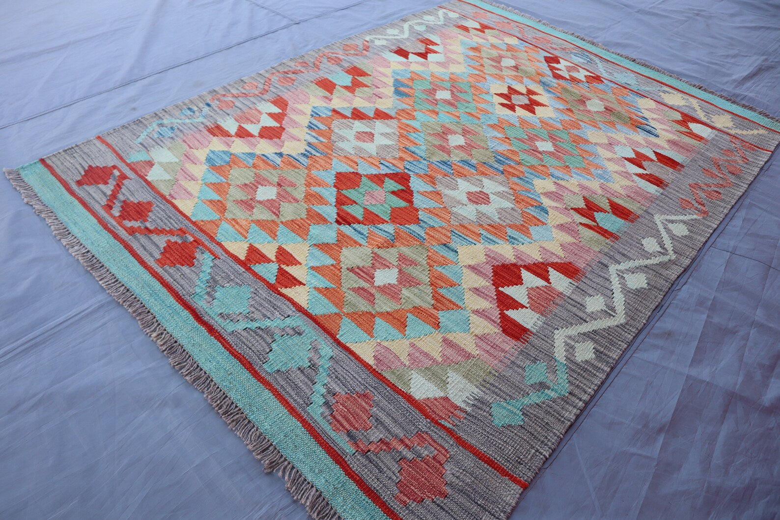 Handmade Afghan Kilim Rug – 128x180 cm | Pastel & Coral Tribal Wool Carpet