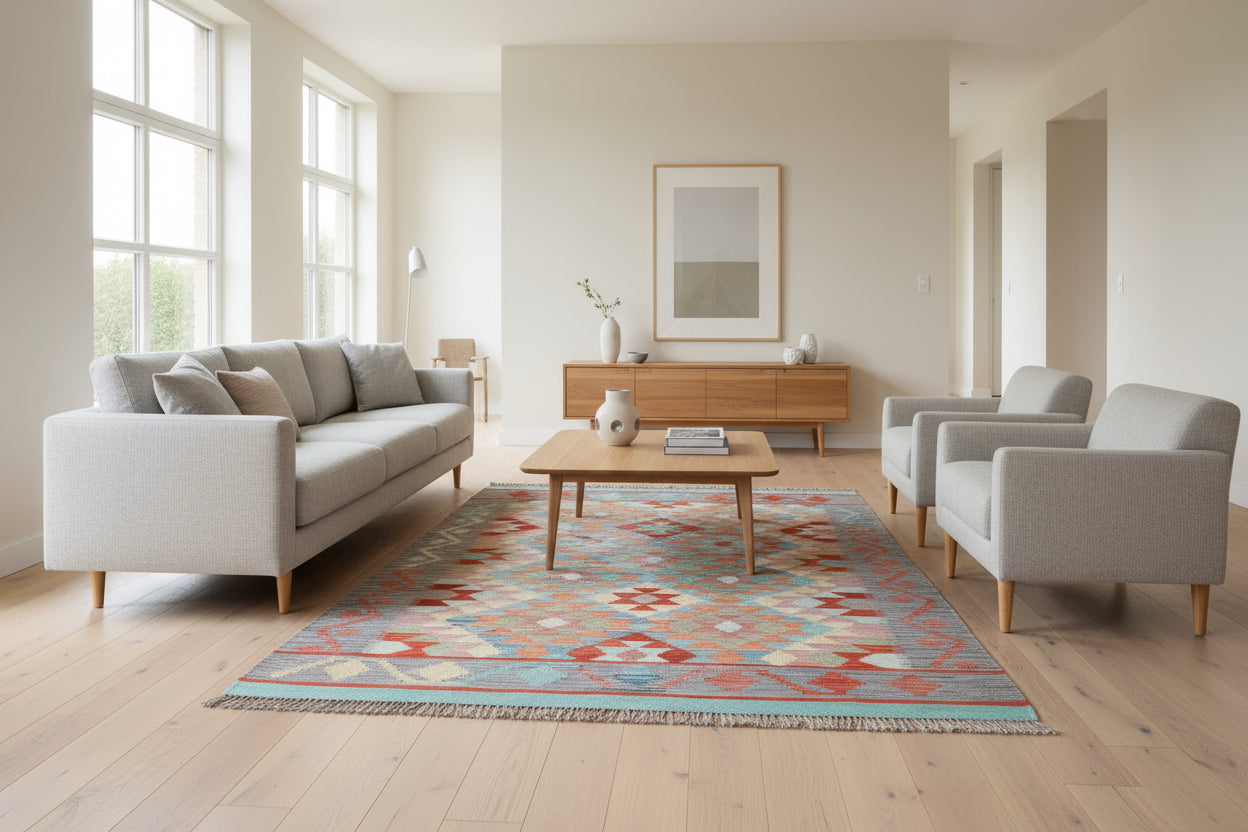 Handmade Afghan Kilim Rug – 128x180 cm | Pastel & Coral Tribal Wool Carpet