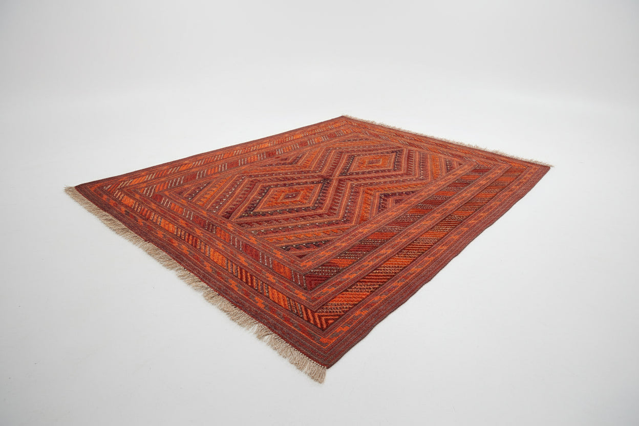 Vintage Mashwani Afghan Rug – 198x268 cm | Handwoven Tribal Wool Carpet