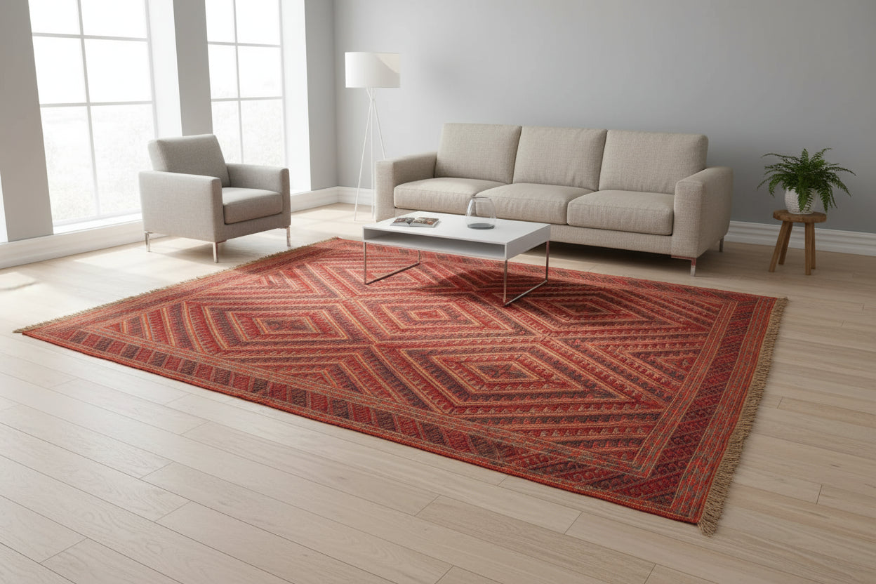 Vintage Mashwani Afghan Rug – 213x290 cm | Red Tribal Wool Carpet