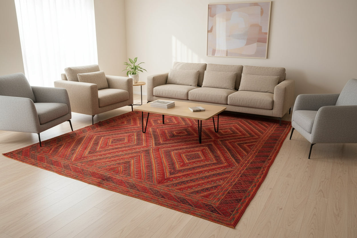 Vintage Mashwani Afghan Rug – 213x290 cm | Red Tribal Wool Carpet