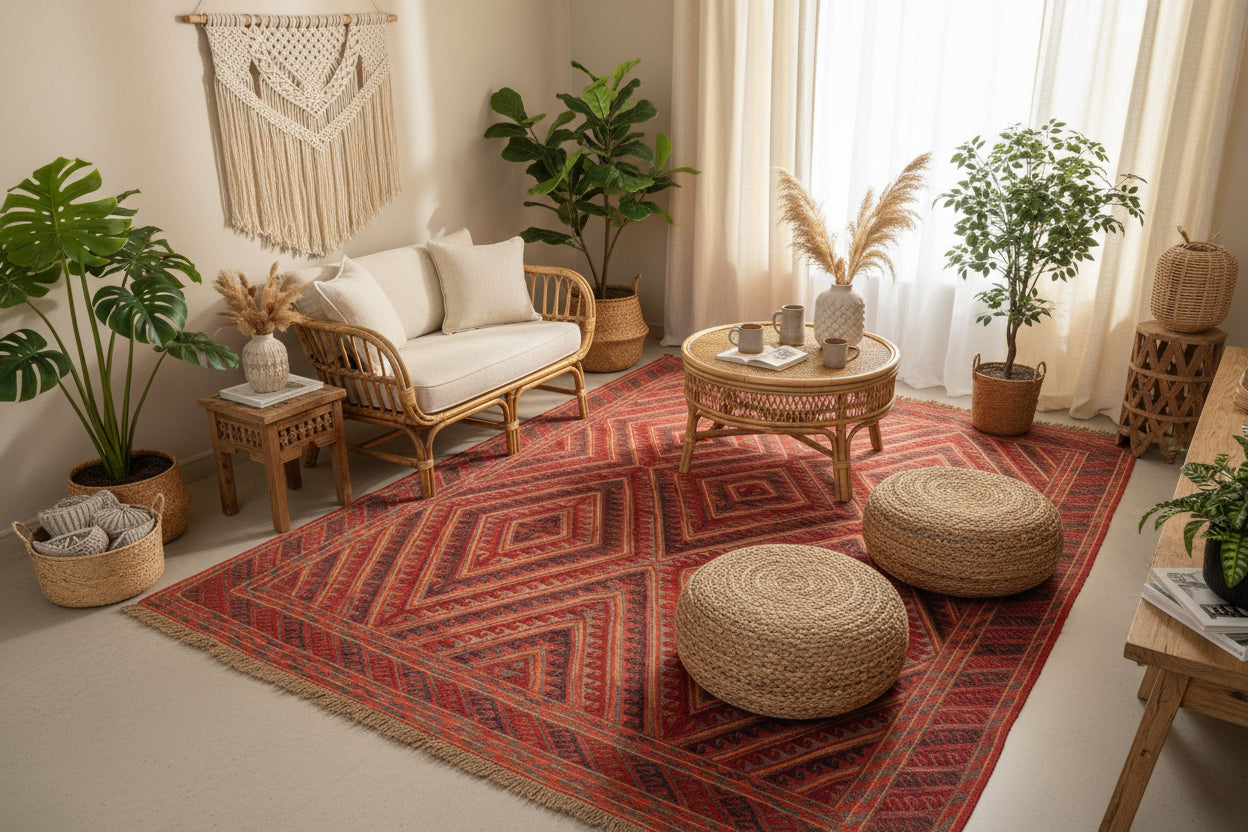 Vintage Mashwani Afghan Rug – 213x290 cm | Red Tribal Wool Carpet