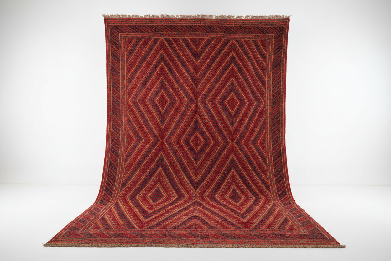 Vintage Mashwani Afghan Rug – 213x290 cm | Red Tribal Wool Carpet