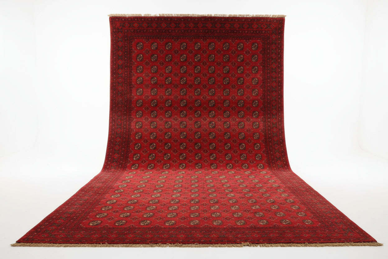 Vintage Turkoman Bokhara Afghan Rug – 183x274 cm | Red Handmade Wool Carpet