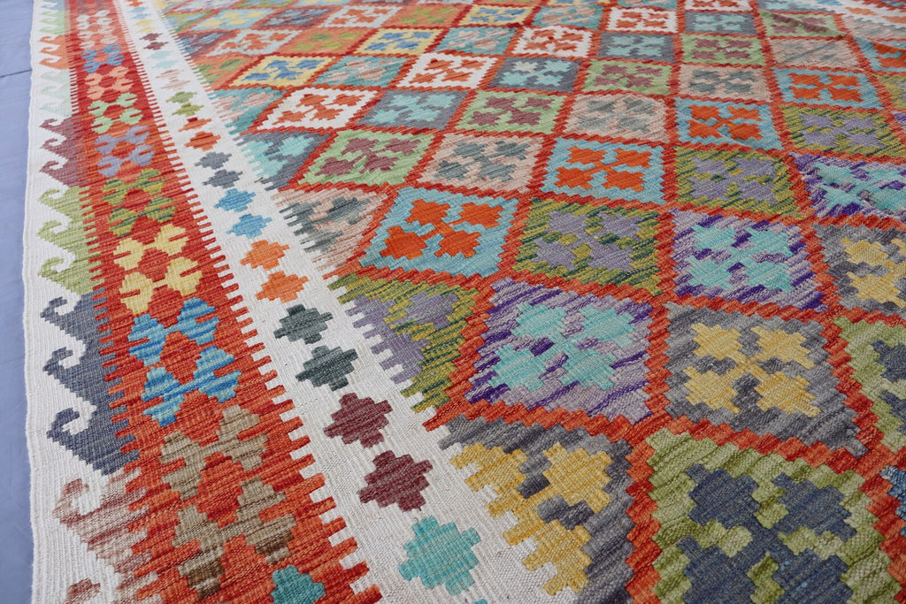 Handmade Afghan Kilim Rug – 204x277 cm | Multicolor Tribal Wool Carpet