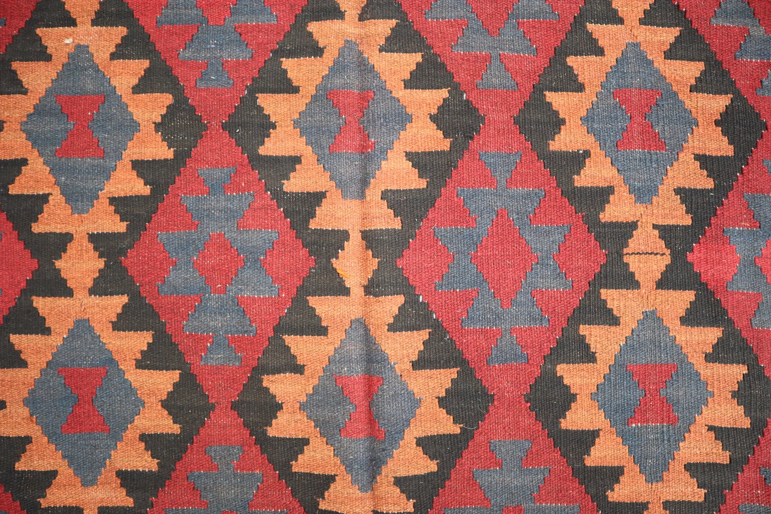 Large Kilim Rug 6.8 × 9.8 ft (207 × 299 cm) – Wool Flatweave Area Rug | Red & Orange Geometric Tribal Carpet