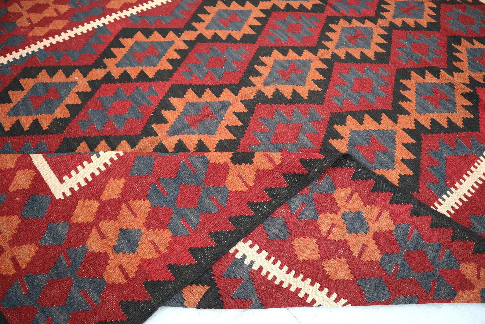 Large Kilim Rug 6.8 × 9.8 ft (207 × 299 cm) – Wool Flatweave Area Rug | Red & Orange Geometric Tribal Carpet