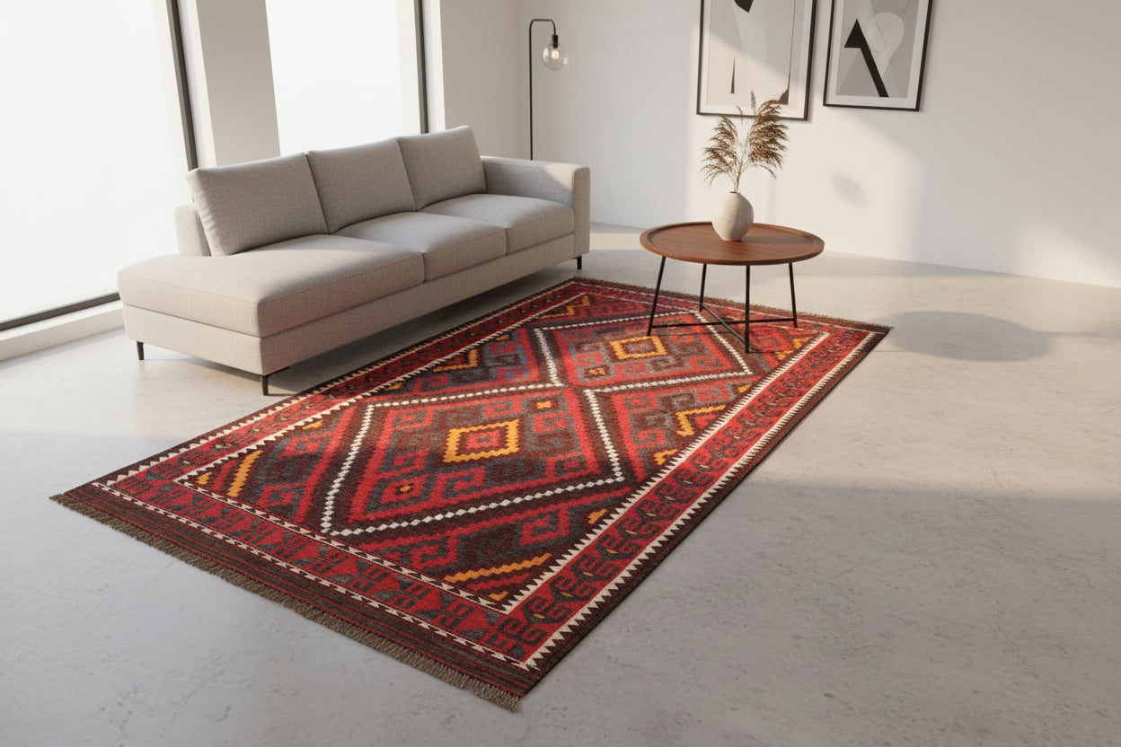 Long Kilim Rug 5.7 × 11.0 ft (174 × 335 cm) – Red & Orange Wool Flatweave | Tribal Geometric Area Carpet