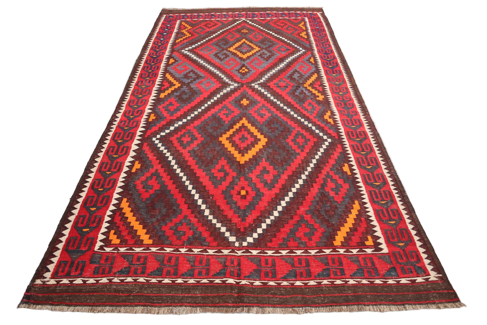 Long Kilim Rug 5.7 × 11.0 ft (174 × 335 cm) – Red & Orange Wool Flatweave | Tribal Geometric Area Carpet