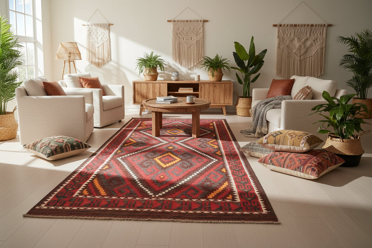 Long Kilim Rug 5.7 × 11.0 ft (174 × 335 cm) – Red & Orange Wool Flatweave | Tribal Geometric Area Carpet