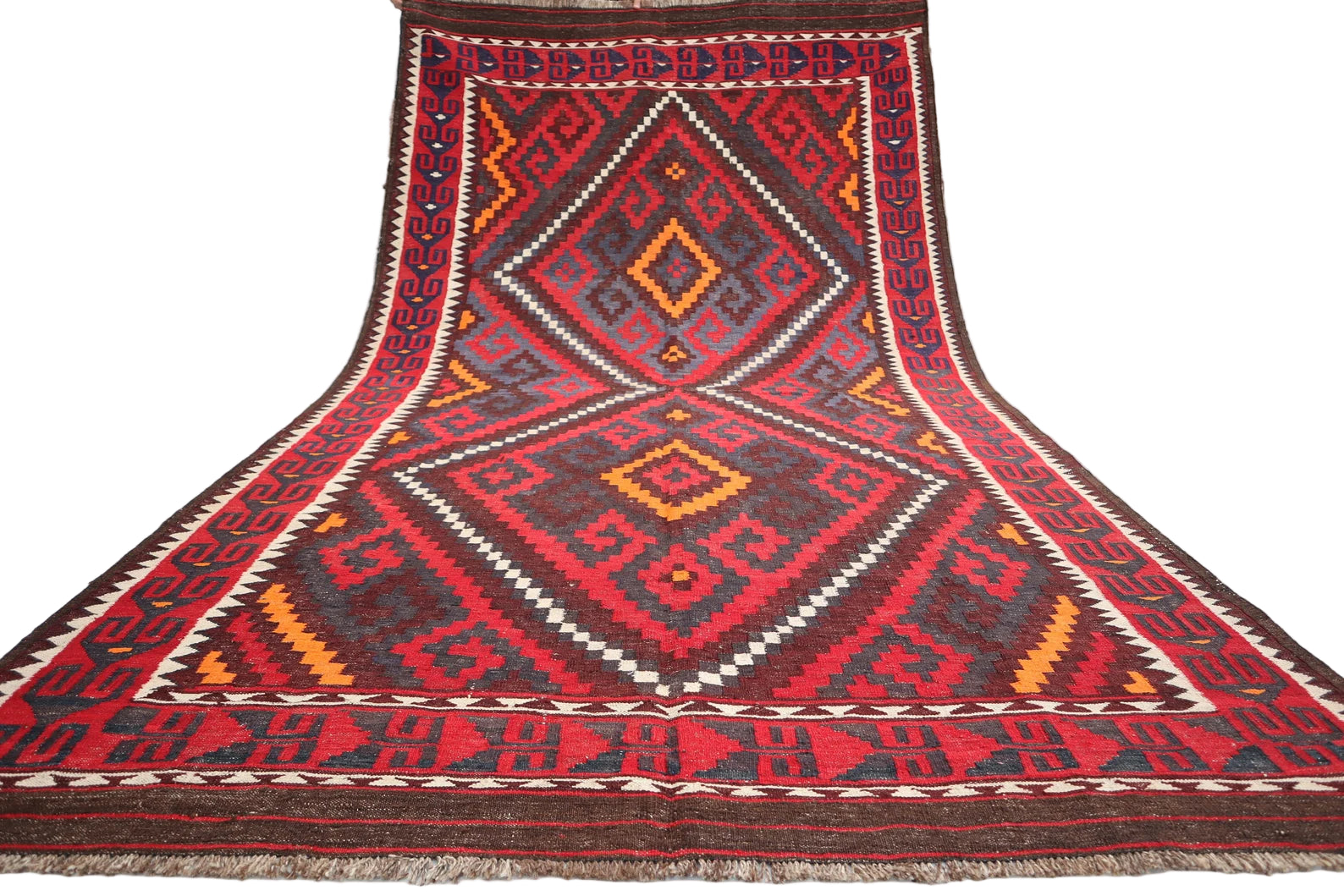 Long Kilim Rug 5.7 × 11.0 ft (174 × 335 cm) – Red & Orange Wool Flatweave | Tribal Geometric Area Carpet