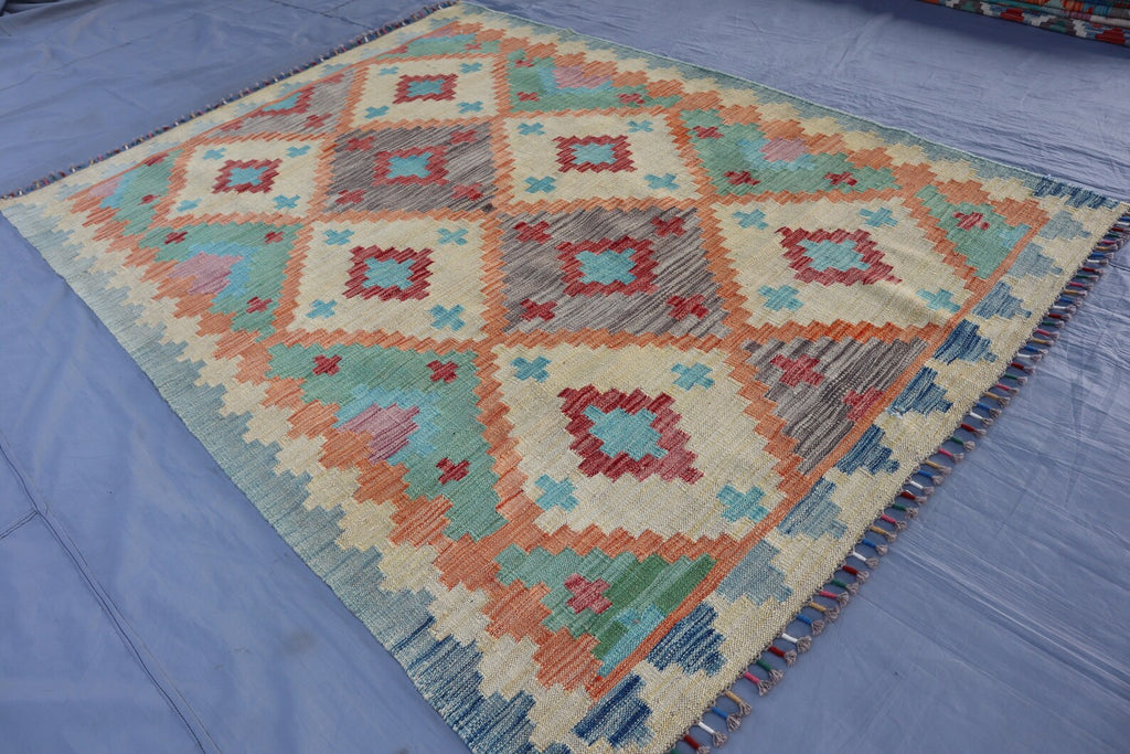 Handmade Afghan Kilim Rug – 152x207 cm | Soft Pastel Tribal Wool Carpet