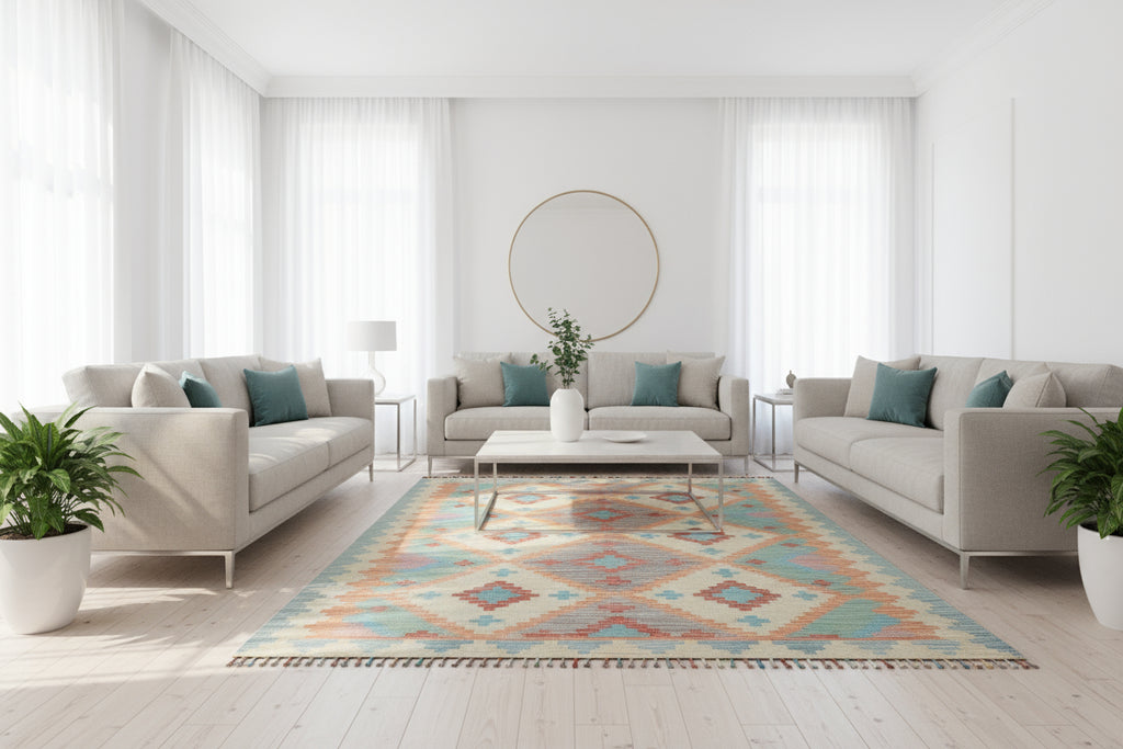 Handmade Afghan Kilim Rug – 152x207 cm | Soft Pastel Tribal Wool Carpet