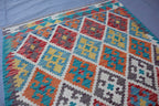 Handmade Afghan Kilim Rug – 128x183 cm | Turquoise & Multicolor Tribal Wool Carpet