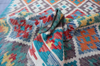 Handmade Afghan Kilim Rug – 128x183 cm | Turquoise & Multicolor Tribal Wool Carpet