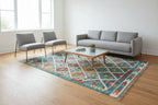 Traditional Afghan wool rug featuring colorful geometric tribal design.