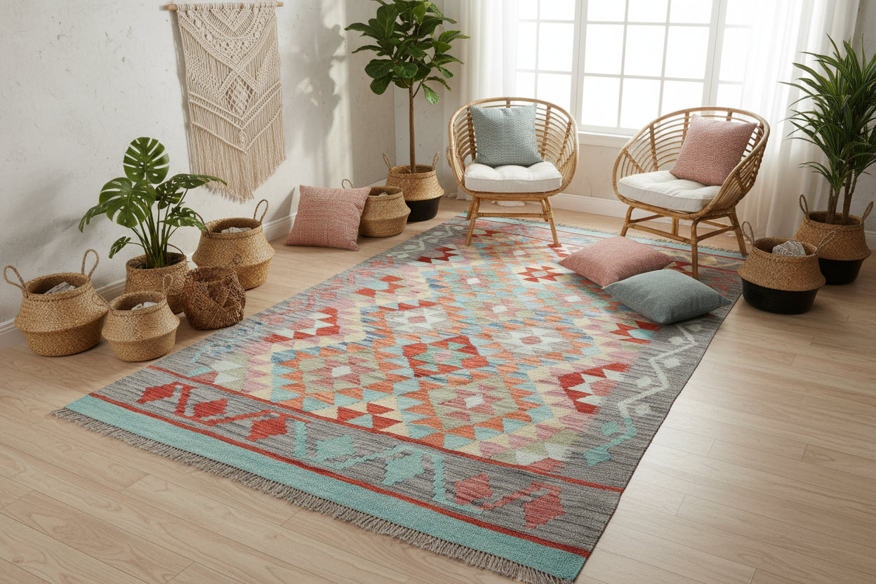 Handmade Afghan Kilim Rug – 128x180 cm | Pastel & Coral Tribal Wool Carpet