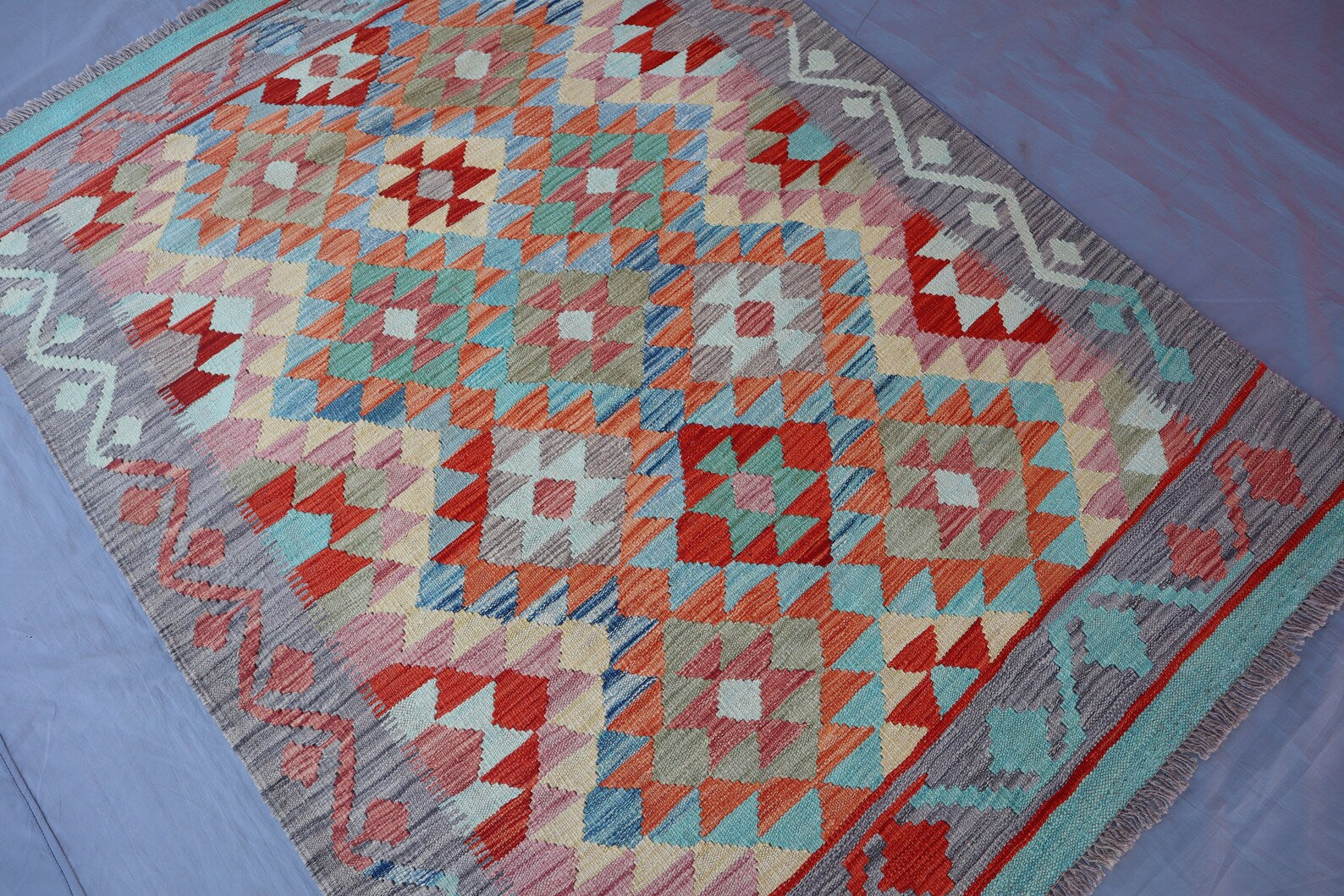 Handmade Afghan Kilim Rug – 128x180 cm | Pastel & Coral Tribal Wool Carpet