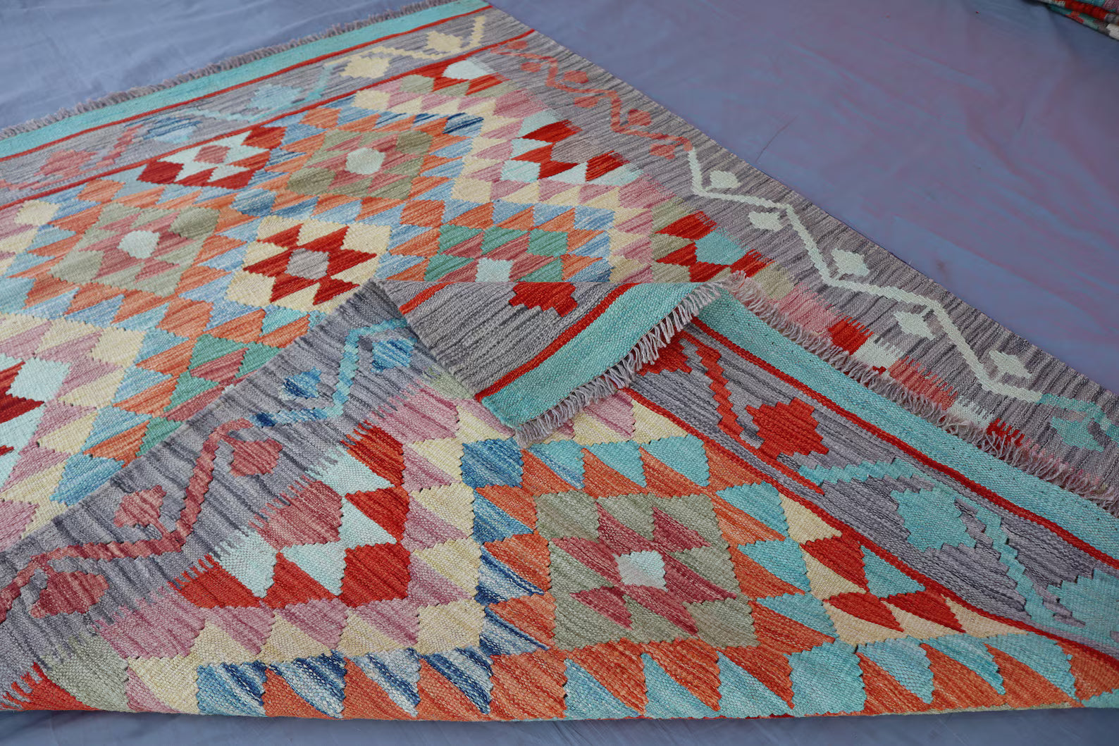 Handmade Afghan Kilim Rug – 128x180 cm | Pastel & Coral Tribal Wool Carpet