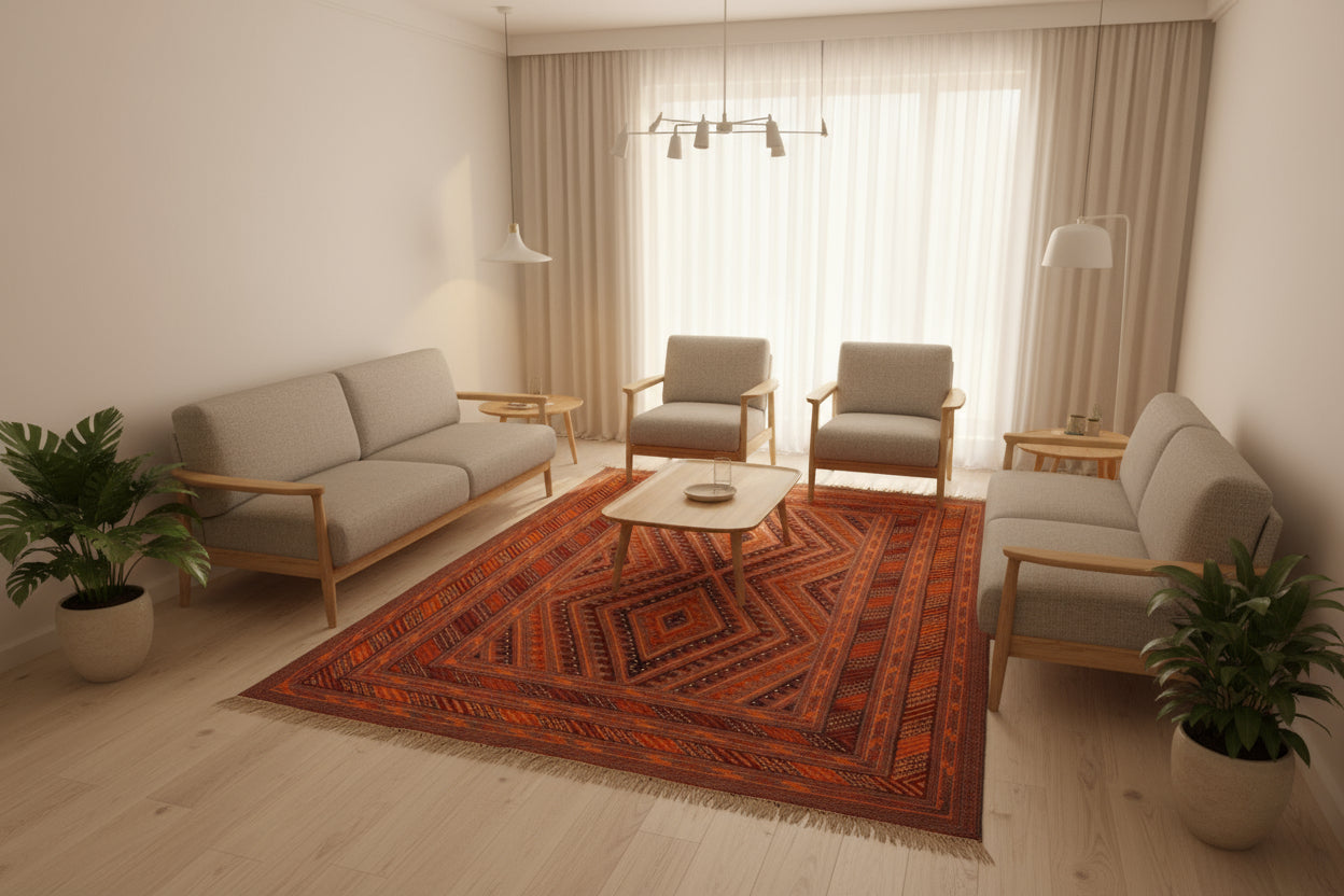 Vintage Mashwani Afghan Rug – 198x268 cm | Handwoven Tribal Wool Carpet