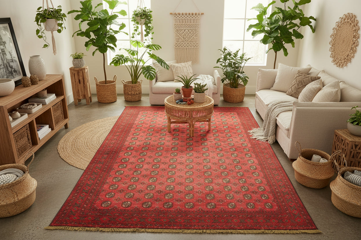 Vintage Turkoman Bokhara Afghan Rug – 183x274 cm | Red Handmade Wool Carpet