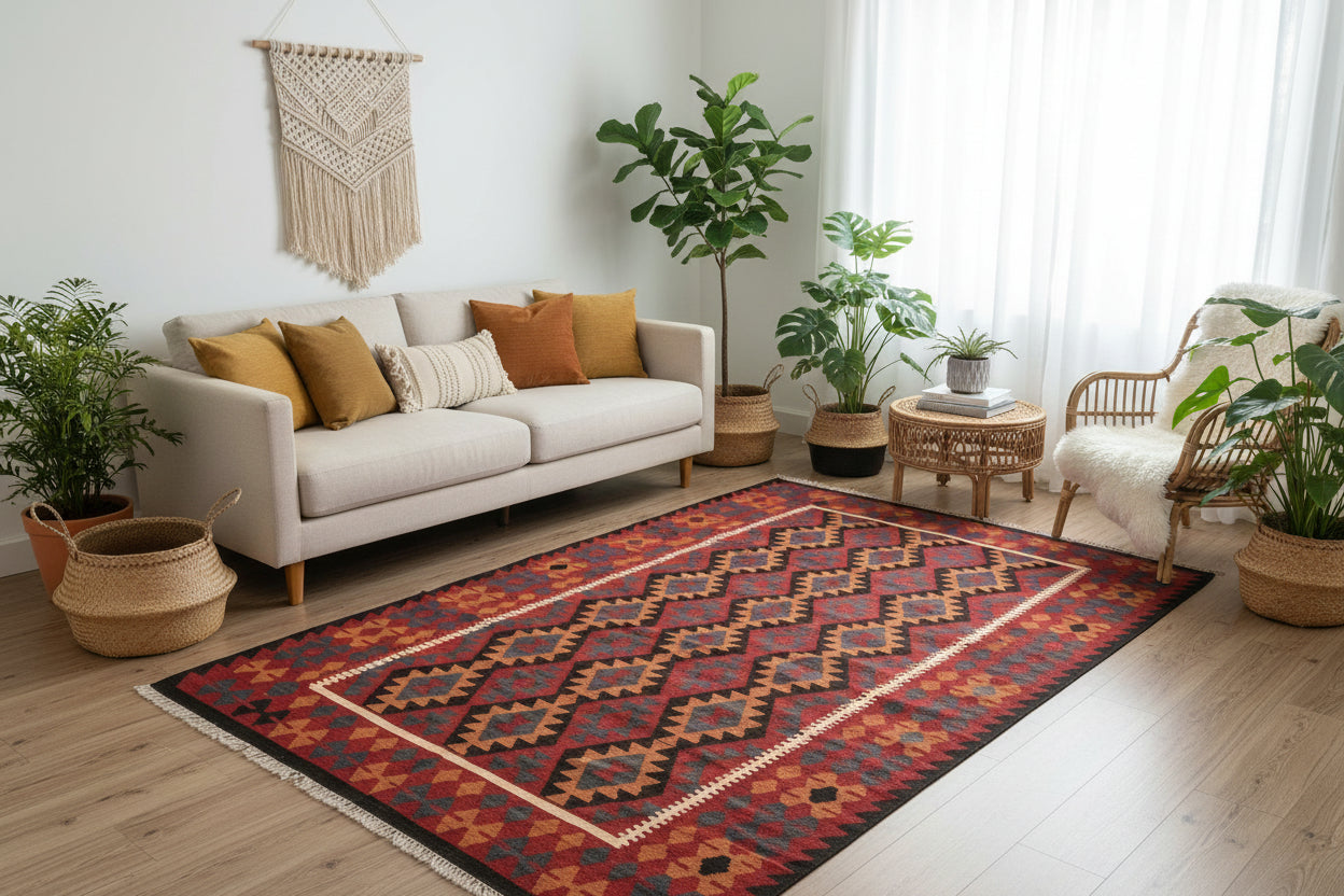 Large Kilim Rug 6.8 × 9.8 ft (207 × 299 cm) – Wool Flatweave Area Rug | Red & Orange Geometric Tribal Carpet