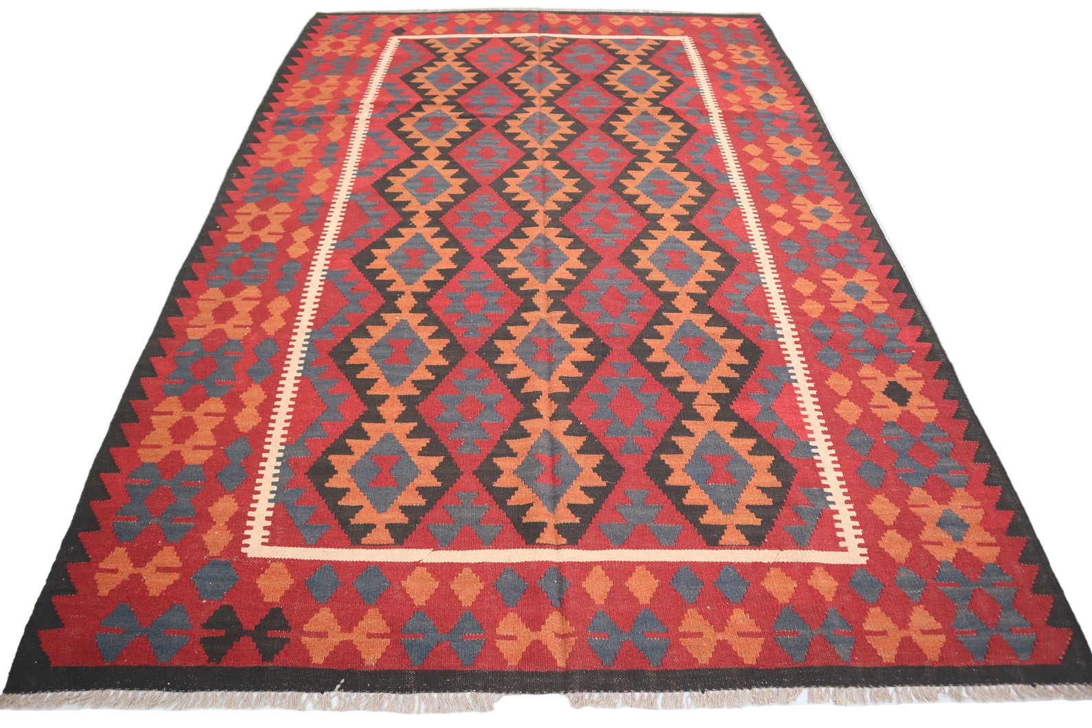 Large Kilim Rug 6.8 × 9.8 ft (207 × 299 cm) – Wool Flatweave Area Rug | Red & Orange Geometric Tribal Carpet