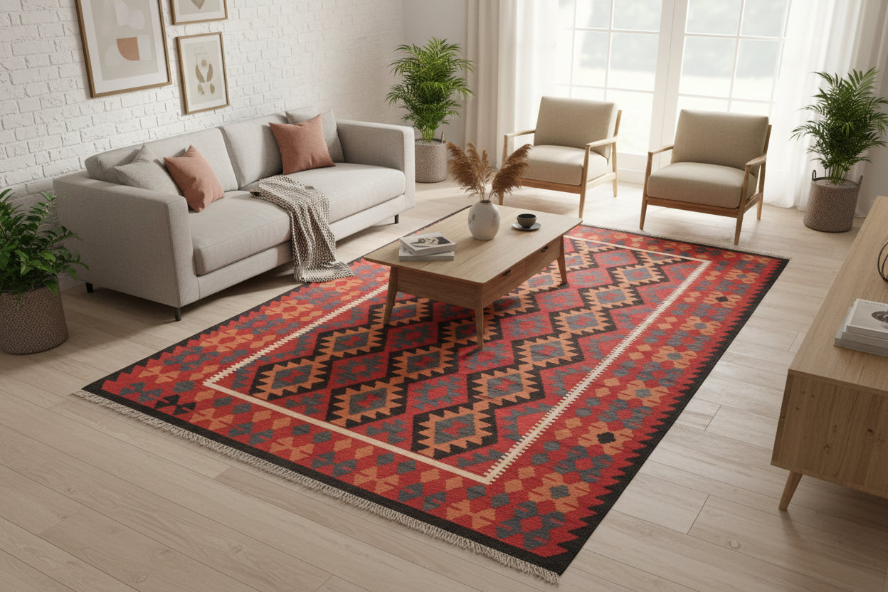 Large Kilim Rug 6.8 × 9.8 ft (207 × 299 cm) – Wool Flatweave Area Rug | Red & Orange Geometric Tribal Carpet