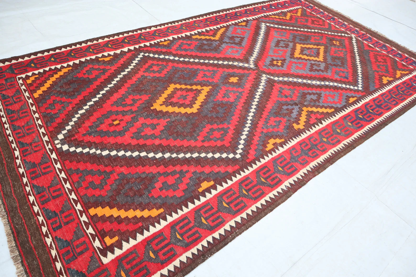 Long Kilim Rug 5.7 × 11.0 ft (174 × 335 cm) – Red & Orange Wool Flatweave | Tribal Geometric Area Carpet