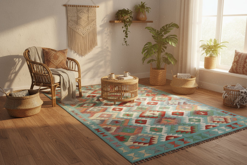 Handwoven Afghan Kilim Rug – 208x293 cm | New Tribal Wool Carpet