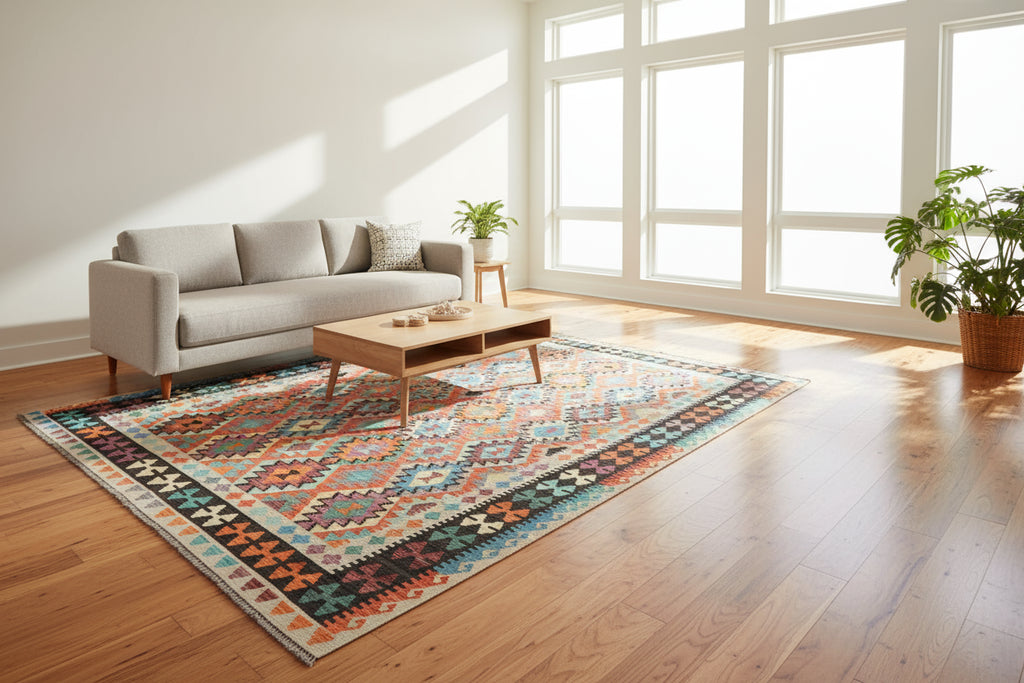 Large Handwoven Afghan Kilim Rug 6.8×10 ft | Wool Tribal Boho Carpet | Worldwide Shipping