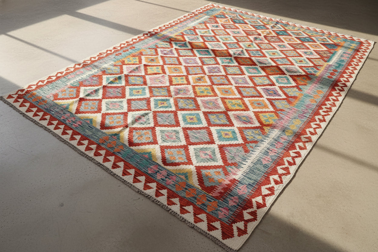 Afghan Kilim Rug 186 × 302 cm – Handwoven Wool Carpet | Colorful Tribal Geometric Flat-Weave | Boho Home Decor | 6.10 × 9.9 ft